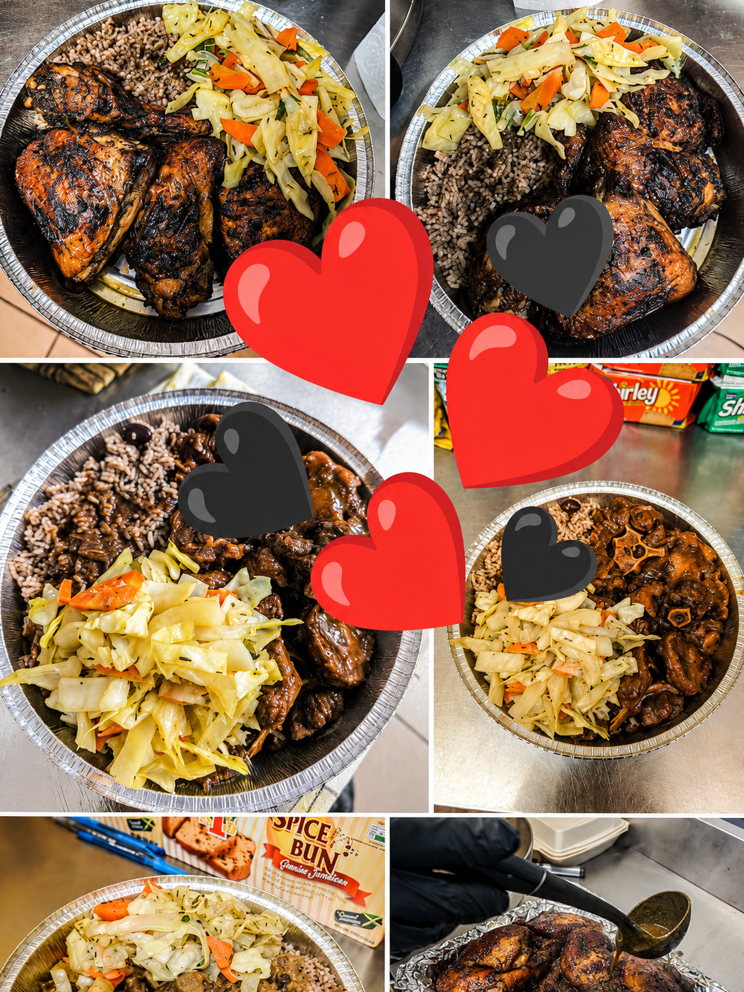 Selection of Caribbean dishes with jerk chicken, oxtail and cabbage
