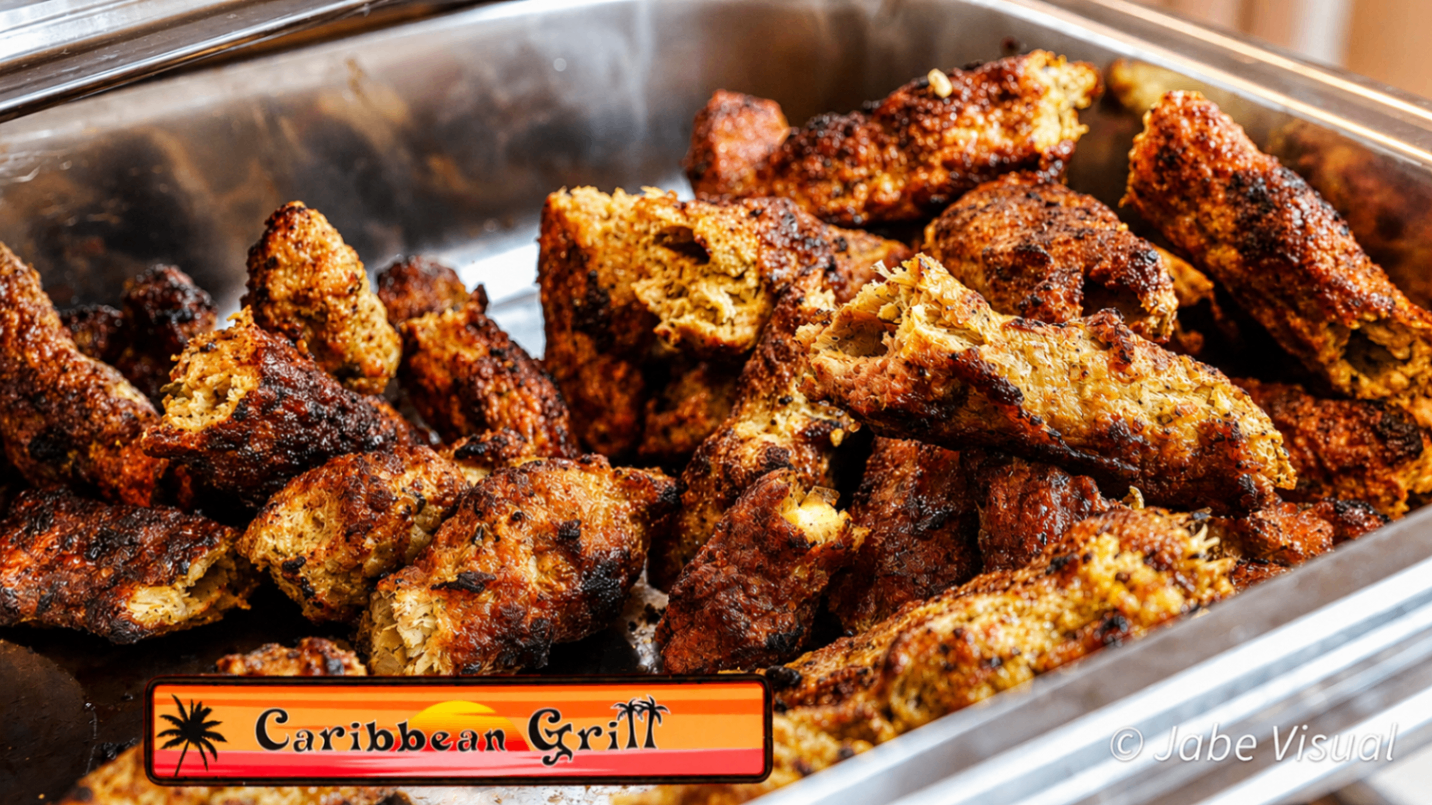 Freshly grilled jerk chicken pieces