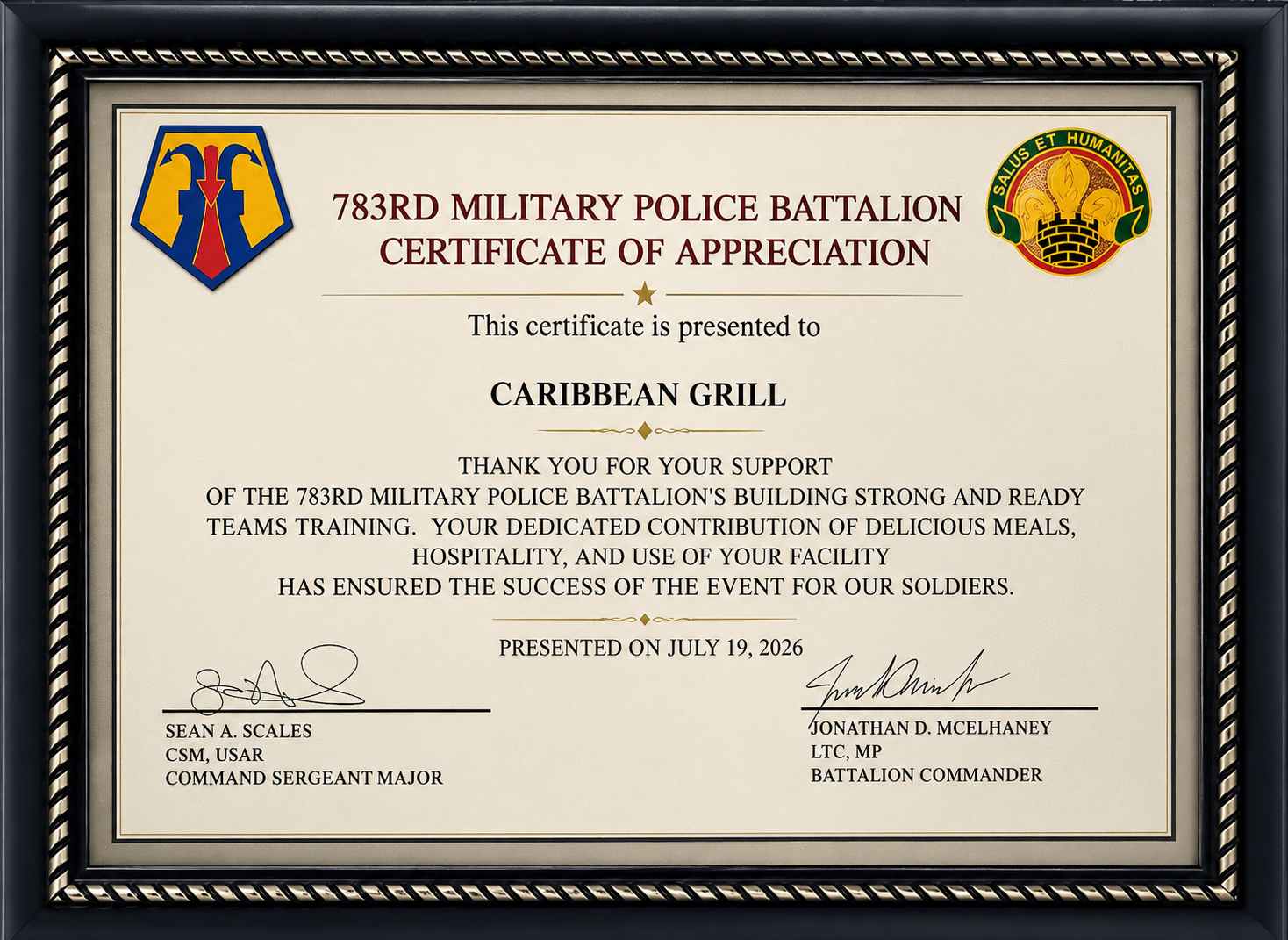 Certificate of Appreciation from the 783rd Military Police Battalion