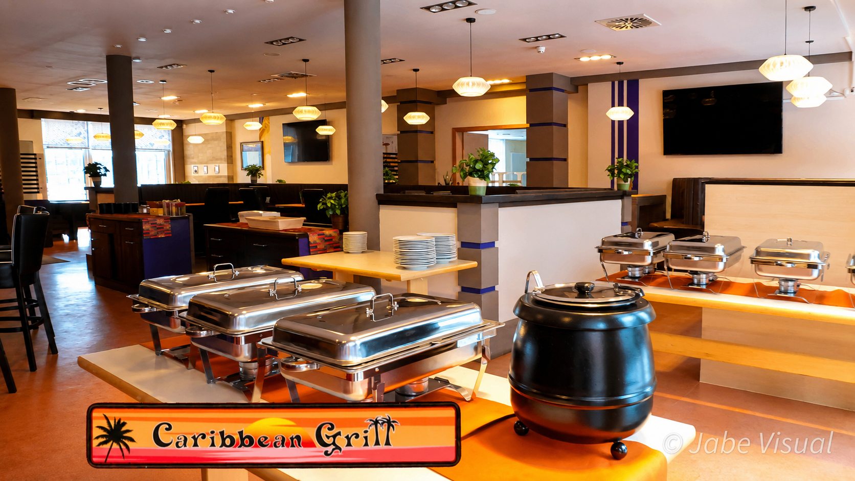 Brunch buffet setup in the Caribbean Grill dining room